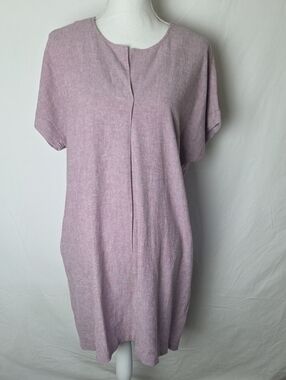 J.Jill Purple Short Sleeve Shift Dress Linen Blend Pockets Sz Med